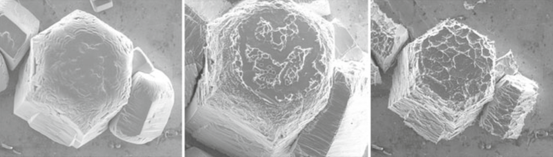 Photos de cristaux de glace hexagonaux provenant de cirrus au microscope électronique à balayage. Source : Van Diedenhoven (2018).