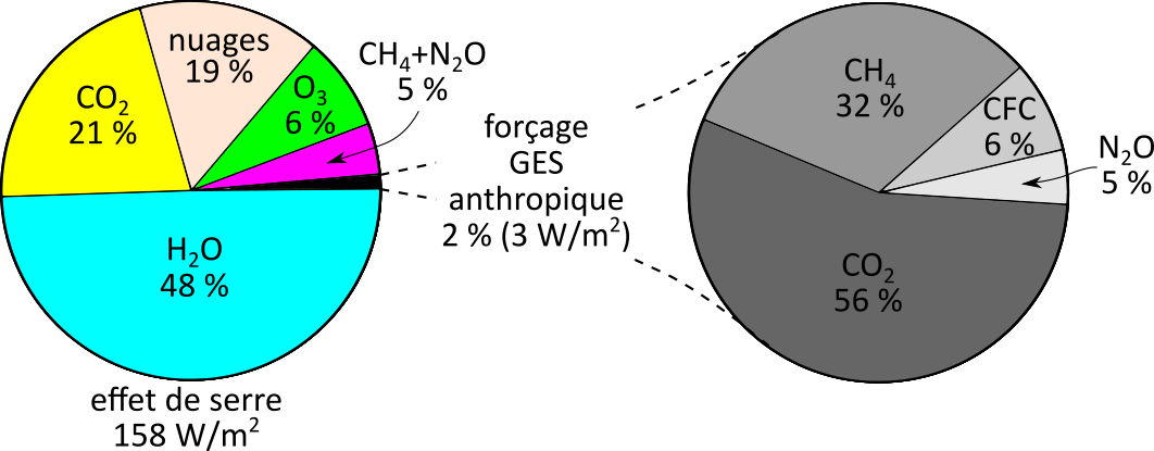 Illustration des différentes contributions à l’effet de
serre. Pour l’effet de serre additionnel (anthropique), seuls sont
pris en comptes les gaz à effet de serre (GES).