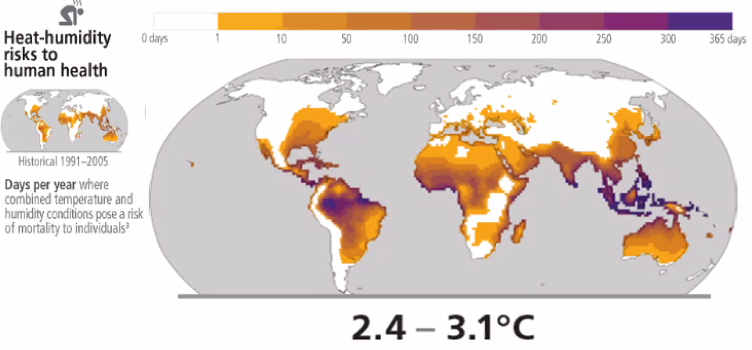 Exposition aux risques de mortalité pour l’humanité dans un
scénario de réchauffement climatique à 2,4 - 3,1 °C. Les
couleurs indiquent le nombre de jour par année où la combinaison de
la température élevée et de l’humidité élevée entraine un risque de
mortalité pour les humains. Source :  d’après .