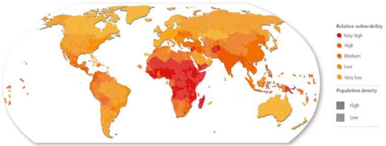 Carte de la vulnérabilité humaine observée sur la base de
deux systèmes d’indicateurs mondiaux complets utilisant des données
nationales. Source :  d’après .