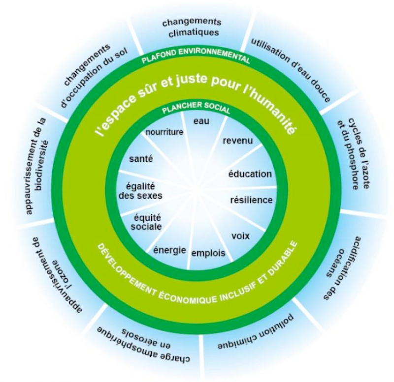 Illustration de la théorie du donut comme plancher social
couplé aux frontières  planétaires. Source : Oxfam.