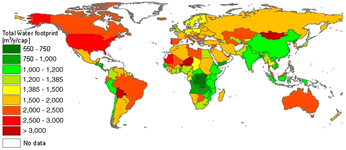Empreinte eau moyenne par an (sur la période 1996–2005) et par habitant par pays (en m^3/an/personne). Les pays en vert ont une empreinte eau inférieure à la moyenne mondiale, ceux en jaune-rouge sont au-dessus. Source : .
