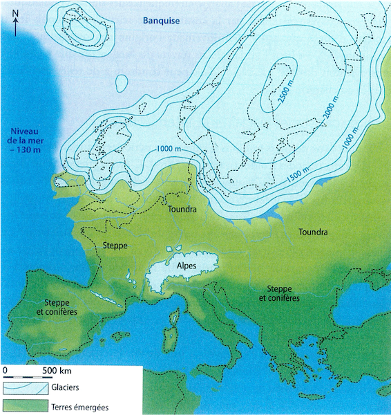 Étendue des calottes glaciaires sur l’Europe lors du dernier maximum
glaciaire il y a 20 000 ans. Source : .