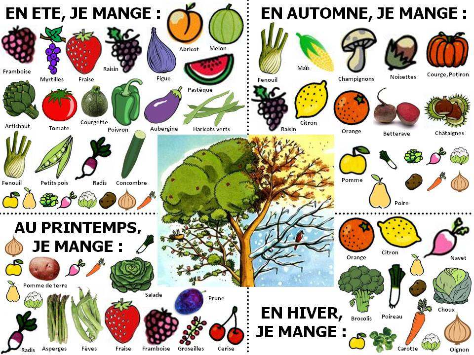 Un tableau des fruits et légumes disponibles selon les saisons. Source : RecetteBox.