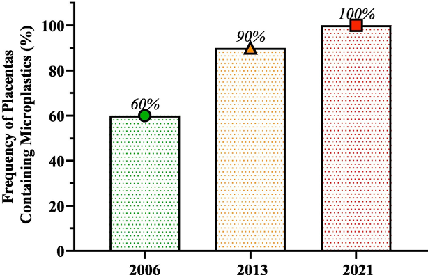 Augmentation de la fréquence de placentas contenant des microplastiques par année de naissance à Hawaï. Le nombre de placentas étudiés est de 10 dans chaque série. 60 % des placentas conservés à partir d’accouchements ayant eu lieu en 2006 à Hawaï contenaient du plastique, passant à 100 % en 2021. Source .