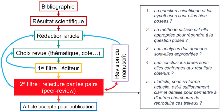 Illustration du processus de publication d’un article
scientifique. Le point le plus important est celui de la relecture
par les pairs, qui permet de garantir un respect des canons de la
méthode scientifique. Une liste typique de questions que doivent se
poser les relecteurs est indiquée.