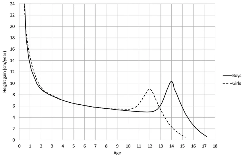 Taux de croissance (en cm/an) pour les filles et les garçons. Source : ResearchGate d’après .